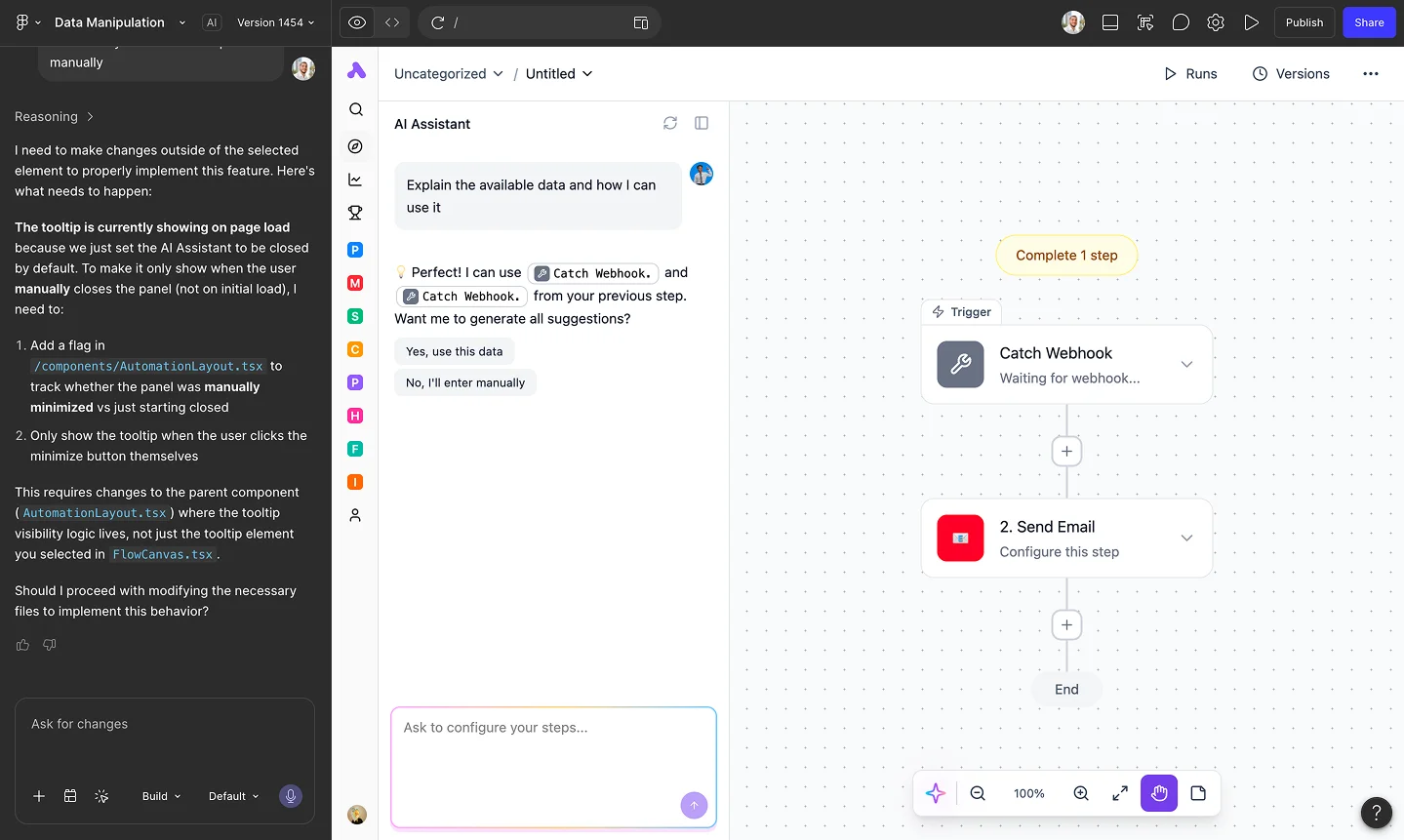 Prototype of the AI assistant integrated into the Automation Builder. (Using Figma make).